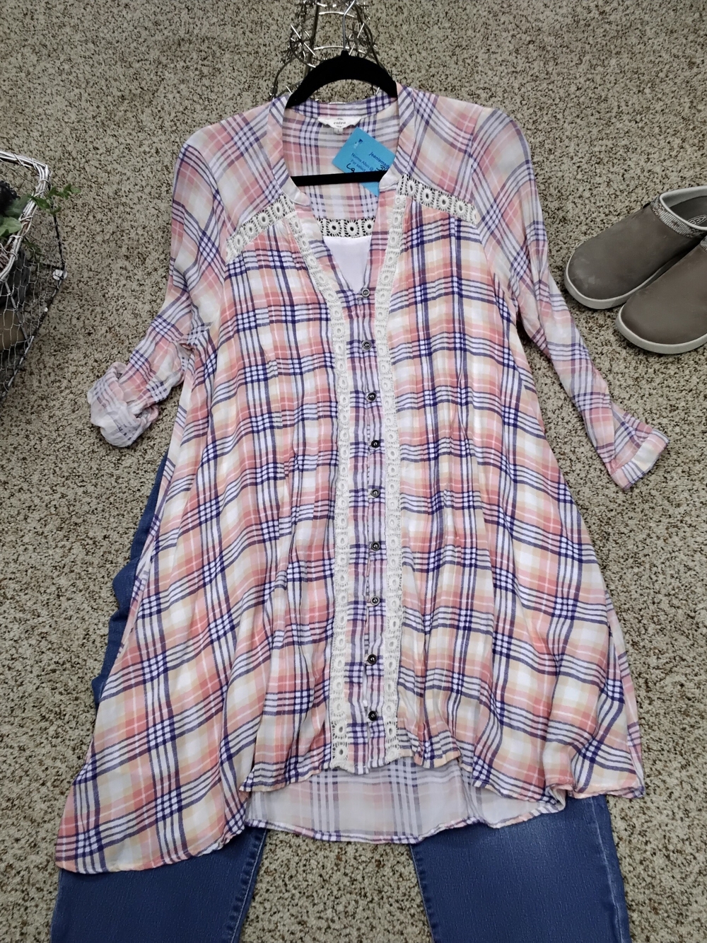 entro Pink Plaid Lace-Trim Button Tunic